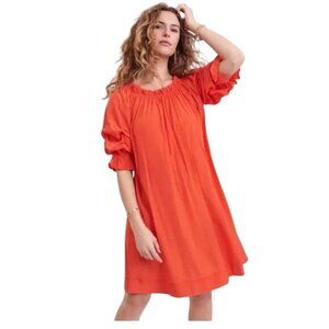 Mersea Tulum Scrunch Sleeves Knee Length Dress in Sunset Coral Orange Small